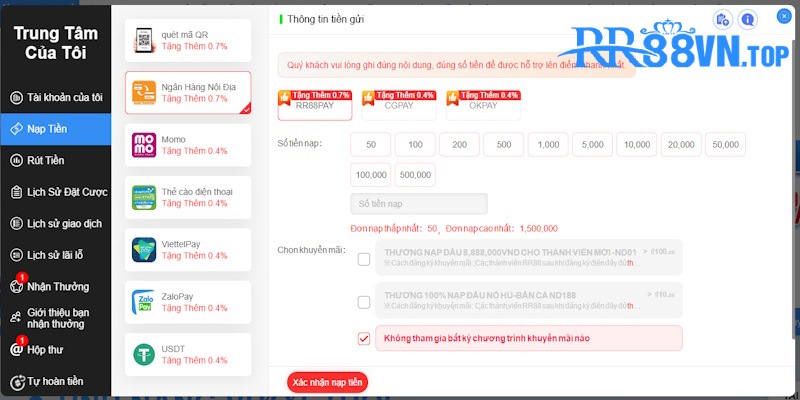 nạp tiền rr88 ngân hàng nội địa